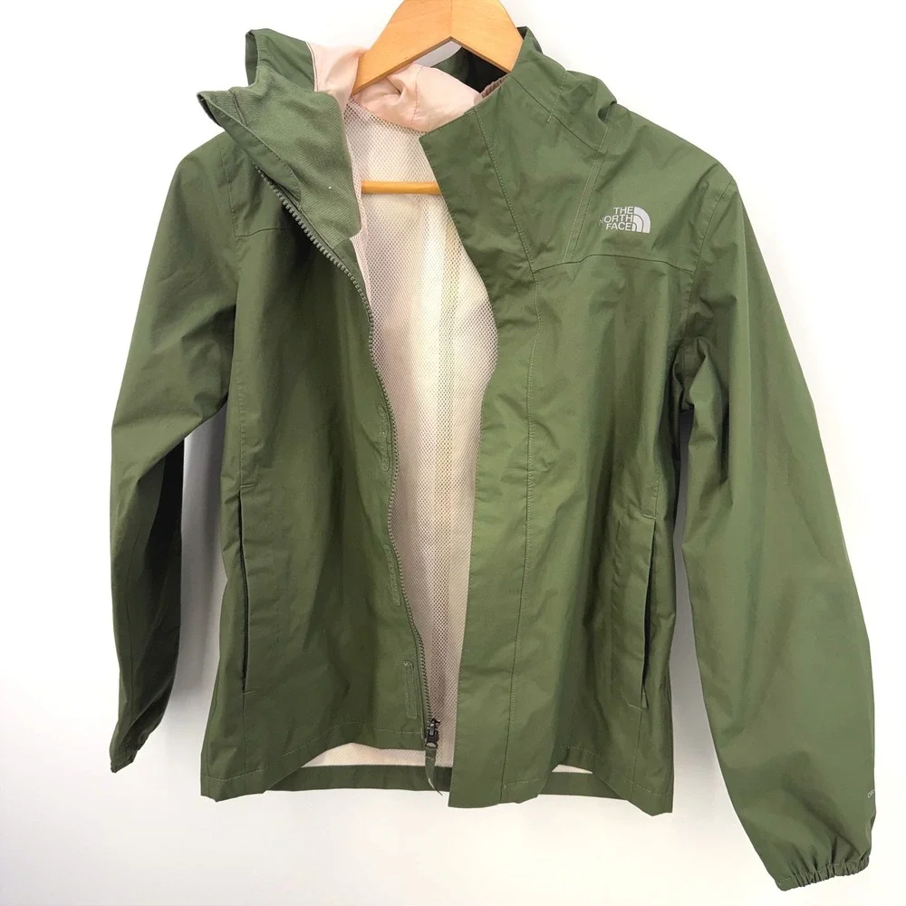 The North Face Girls Large Green DryVent Hooded Rain Jacket Pink Lining L 14/16
